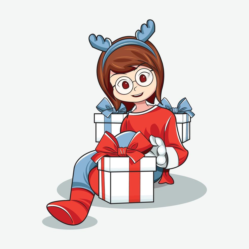 upphetsad flicka ler med julklapp vektorillustration gratis nedladdning vektor