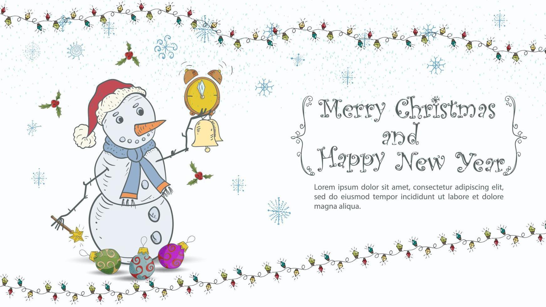 jul- och nyårsillustration för designinskriptionen grattis i en ram en snögubbe håller en väckarklocka och en klocka i handen bland julgransleksaker vektor