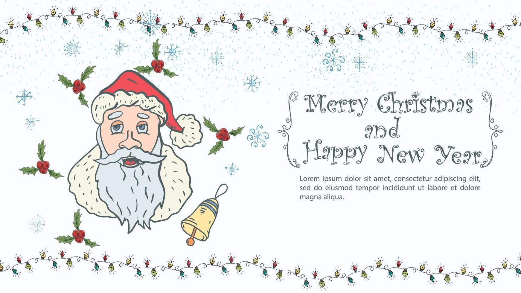 jul- och nyårsillustration för designhälsningsinskription i ett ramporträtt av jultomten bland järnek och snöflingor vektor