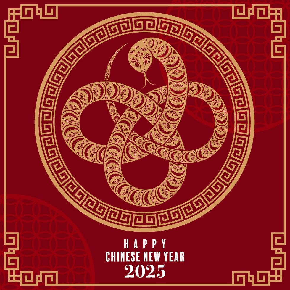 glücklich Chinesisch Neu Jahr 2025 das Schlange Tierkreis Zeichen Logo mit Laterne, Blume, und asiatisch Elemente rot Papier Schnitt Stil auf Farbe Hintergrund. vektor