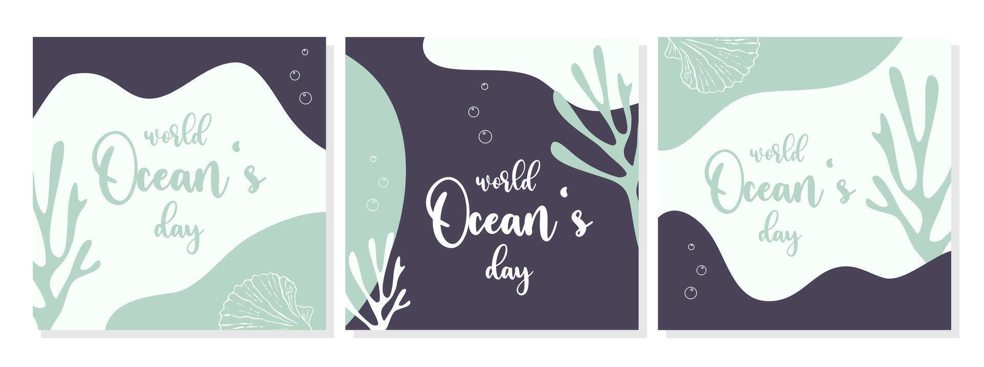 Welt Ozeane Tag Plakate einstellen mit Seetang, Muschel Koralle und Luft Blasen. harmonisch fließend Formen im Boho Stil. vektor