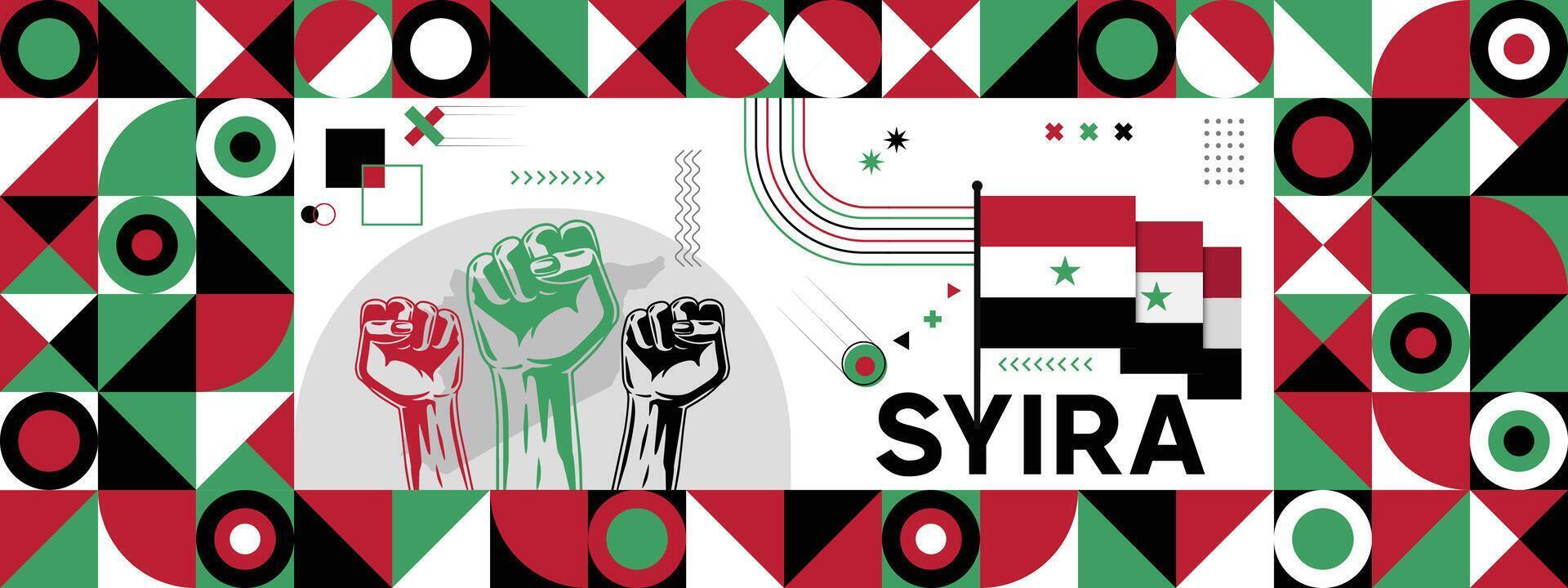 Flagge und Karte von Syrien mit angehoben Fäuste. National Tag oder Unabhängigkeit Tag Design zum Land Feier. modern retro Design mit abstrakt Symbole. vektor