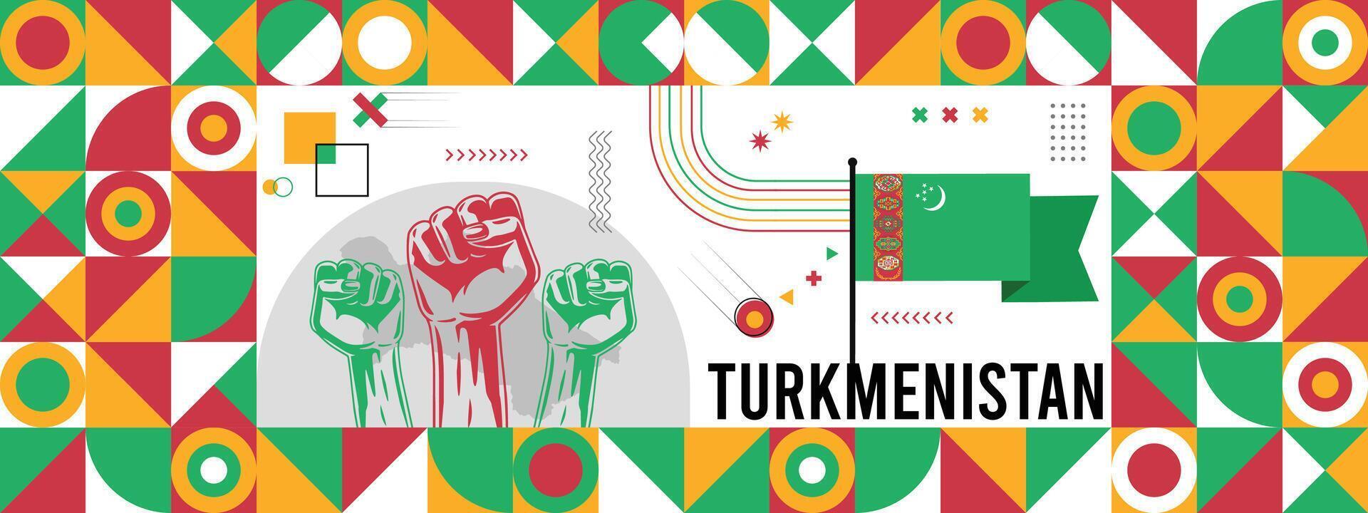 Flagge und Karte von Turkmenistan mit angehoben Fäuste. National Tag oder Unabhängigkeit Tag Design zum Land Feier. modern retro Design mit abstrakt Symbole. vektor