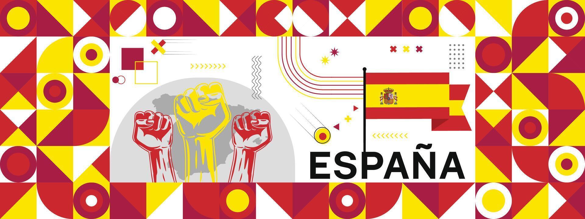 Flagge und Karte von espana mit angehoben Fäuste. National Tag oder Unabhängigkeit Tag Design zum Land Feier. modern retro Design mit abstrakt Symbole. vektor