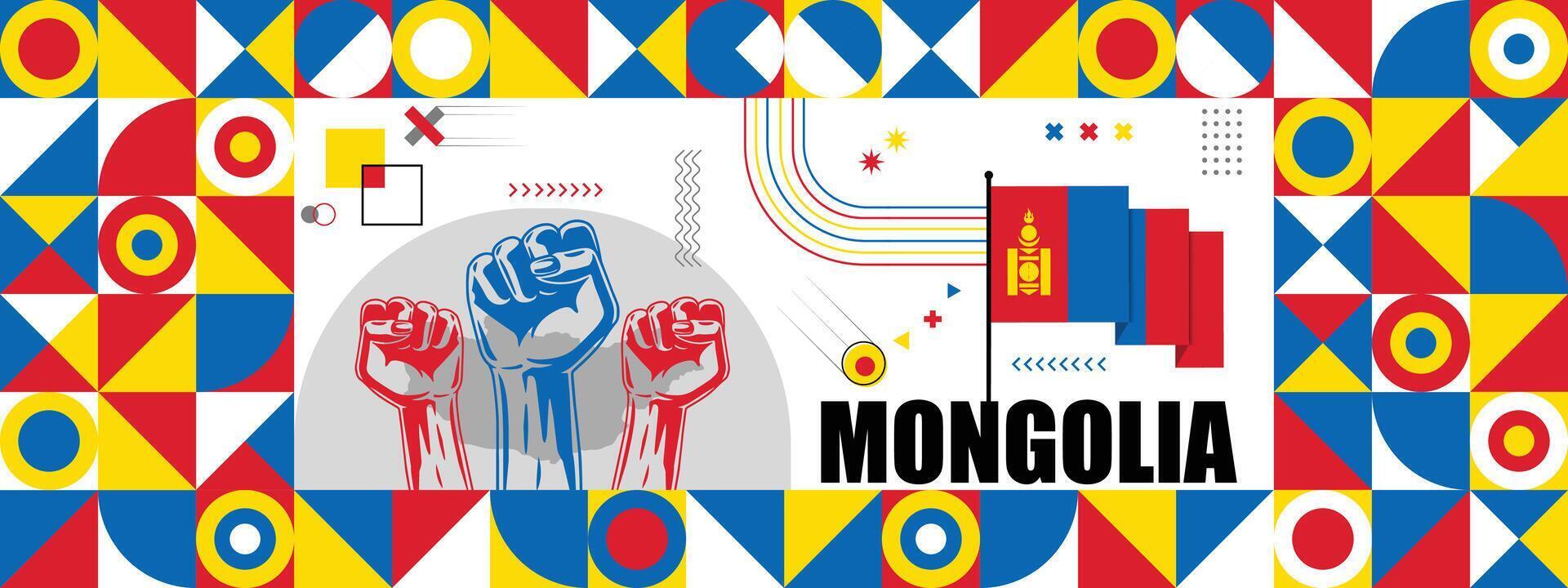 Flagge und Karte von Mongolei mit angehoben Fäuste. National Tag oder Unabhängigkeit Tag Design zum Land Feier. modern retro Design mit abstrakt Symbole. vektor