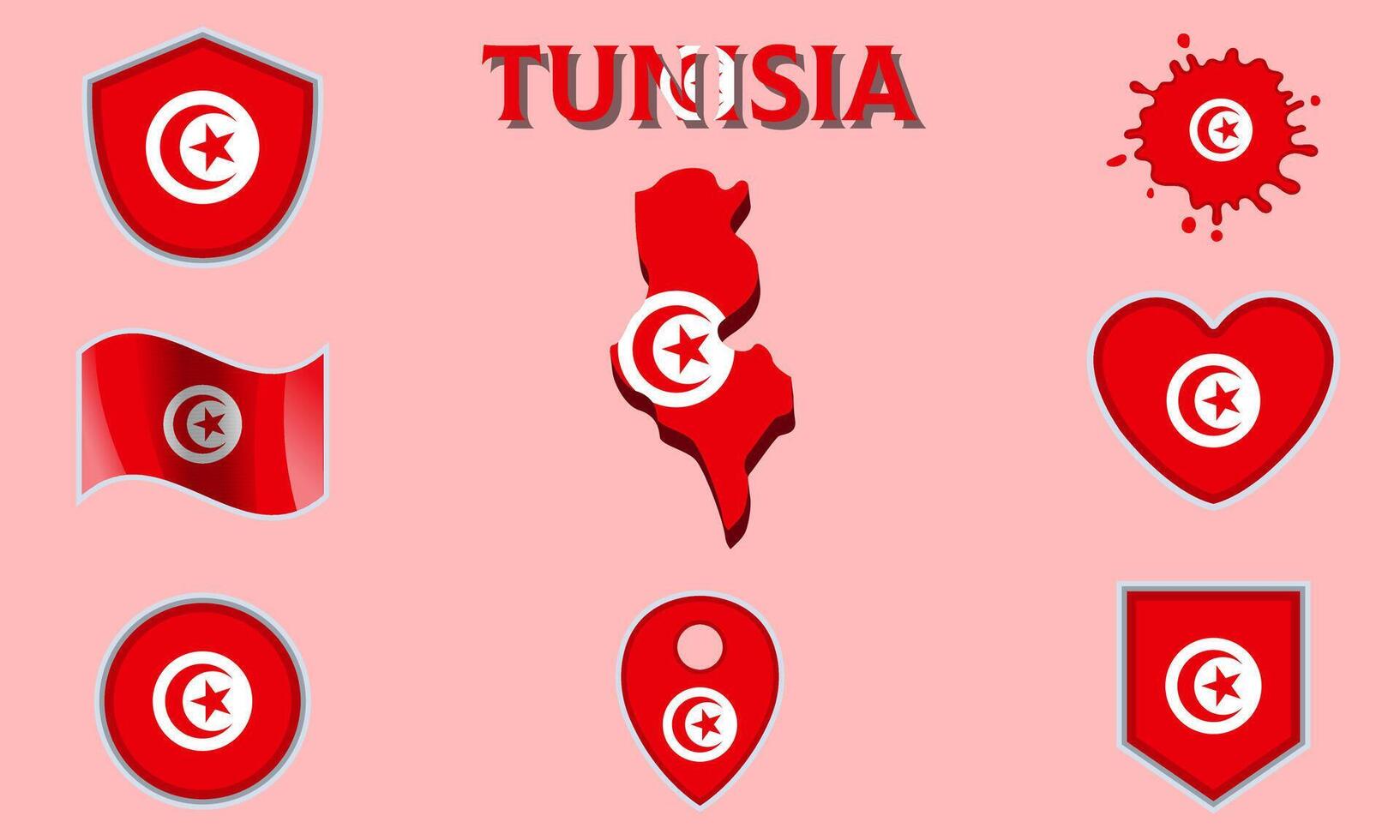 samling av platt nationell flaggor av tunisien med Karta vektor