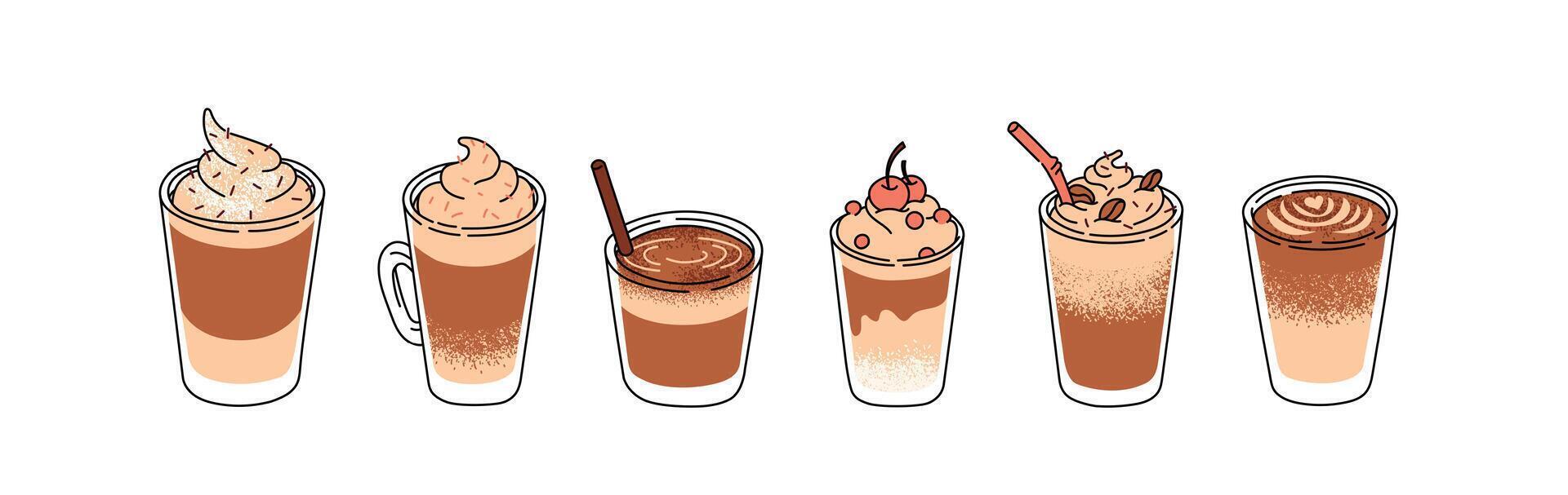 minimalistisk illustration uppsättning av kaffe koppar isolerat på vit bakgrund. varm och kall kaffe dryck. espresso, americano kopp, cappuccino och latte i glas. platt illustration vektor