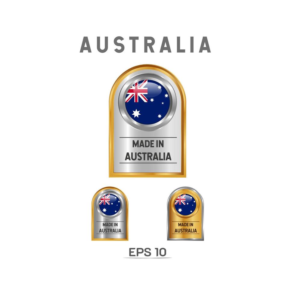 Hergestellt in Australien Etikett, Stempel, Abzeichen oder Logo. mit der Nationalflagge von Australien. auf Platin-, Gold- und Silberfarben. Premium- und Luxusemblem vektor