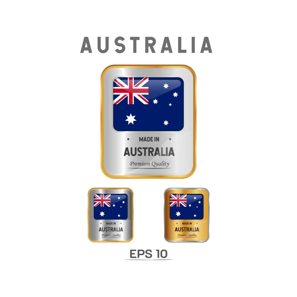 tillverkad i australien etikett, stämpel, märke eller logotyp. med Australiens nationella flagga. på platina, guld och silverfärger. premium- och lyxemblem vektor