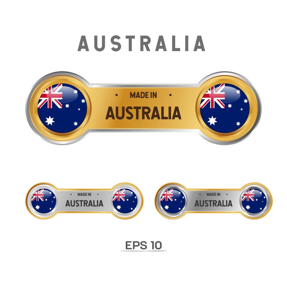 tillverkad i australien etikett, stämpel, märke eller logotyp. med Australiens nationella flagga. på platina, guld och silverfärger. premium- och lyxemblem vektor