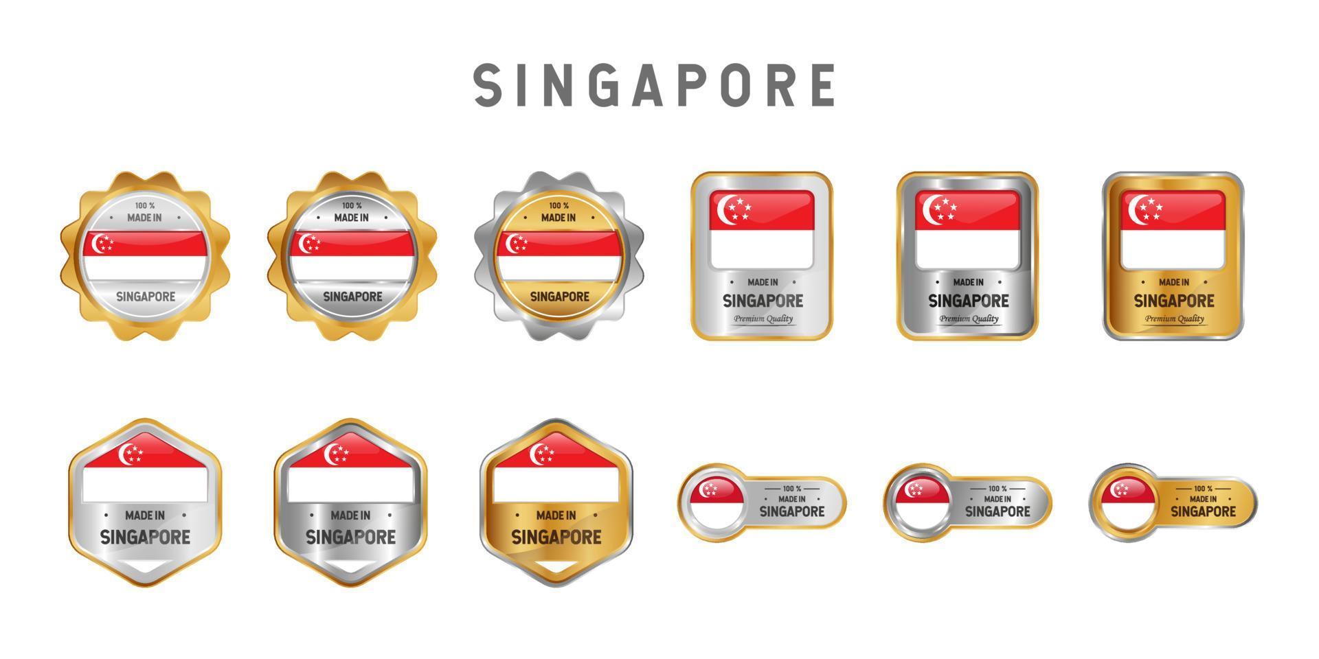 Hergestellt in Singapur Etikett, Stempel, Abzeichen oder Logo. mit der Nationalflagge von Singapur. auf Platin-, Gold- und Silberfarben. Premium- und Luxusemblem vektor