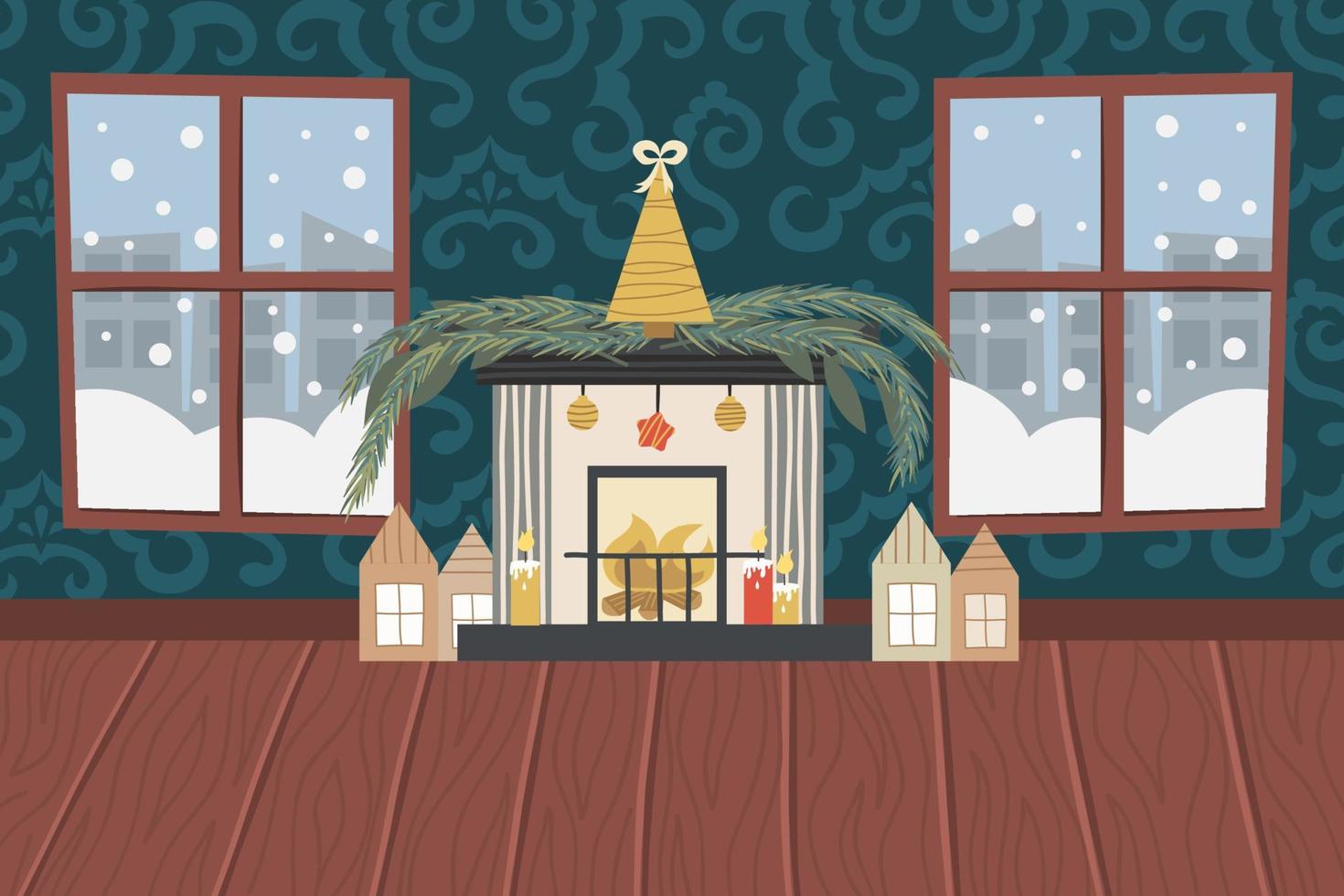 Weihnachtswohnzimmer mit Kamin, Holzboden, gemusterter Tapete und schneebedeckten Fenstern. Kamin mit goldenem Weihnachtsbaum, Kerzen und Häusern. Vektorillustration für ein festliches Interieur. vektor