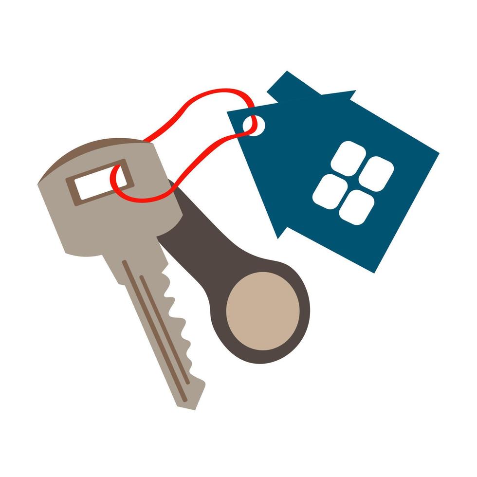 Flache Illustration des Schlüsselbundes mit Schlüsselbund in Form eines Hauses auf rotem Band. das Konzept des Kaufs und Verkaufs von Immobilien. Hausschlüssel mit Schlüsselanhänger. vektor