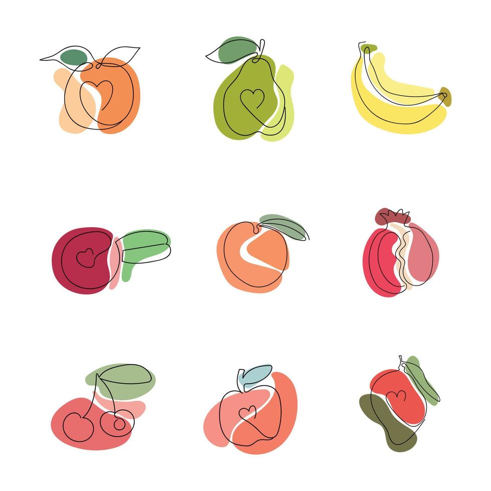 Reihe von Früchten, die eine Linie mit Farbflecken zeichnen. moderne abstrakte flache Abbildung. vektor