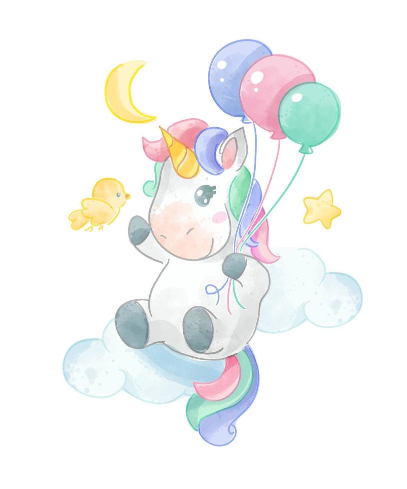 süßes Einhorn fliegt auf bunten Ballons Illustration vektor