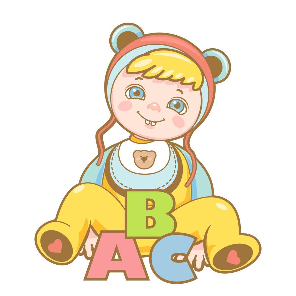litet barn sitter i en overall och en hatt med öron med bokstäverna abc. vektor
