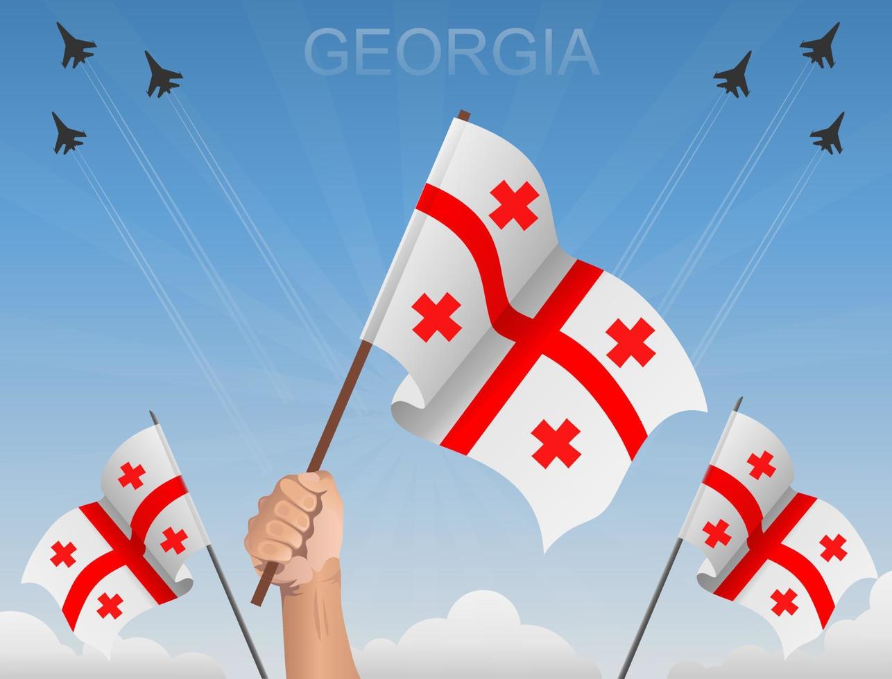 Georgiens flaggor vajar under den blå himlen vektor