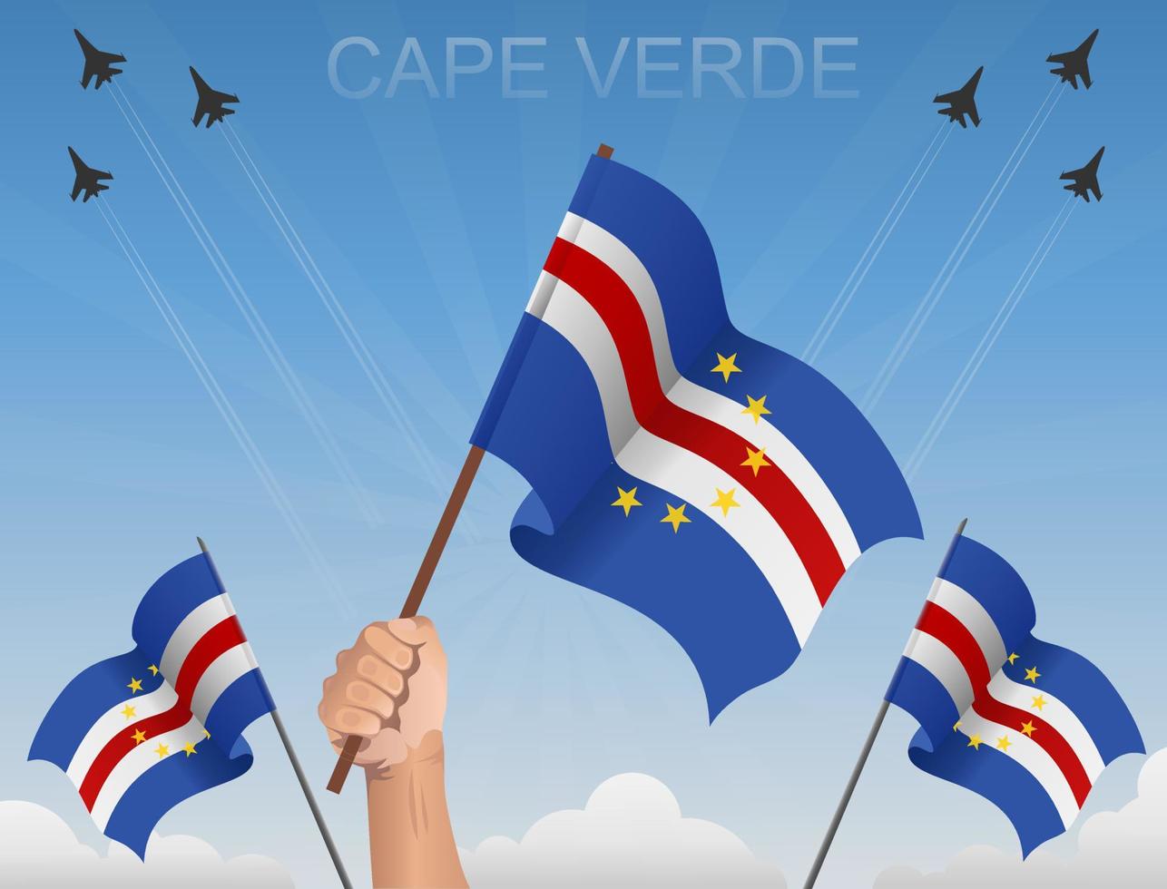 Kap Verde flaggor vajar under den blå himlen vektor