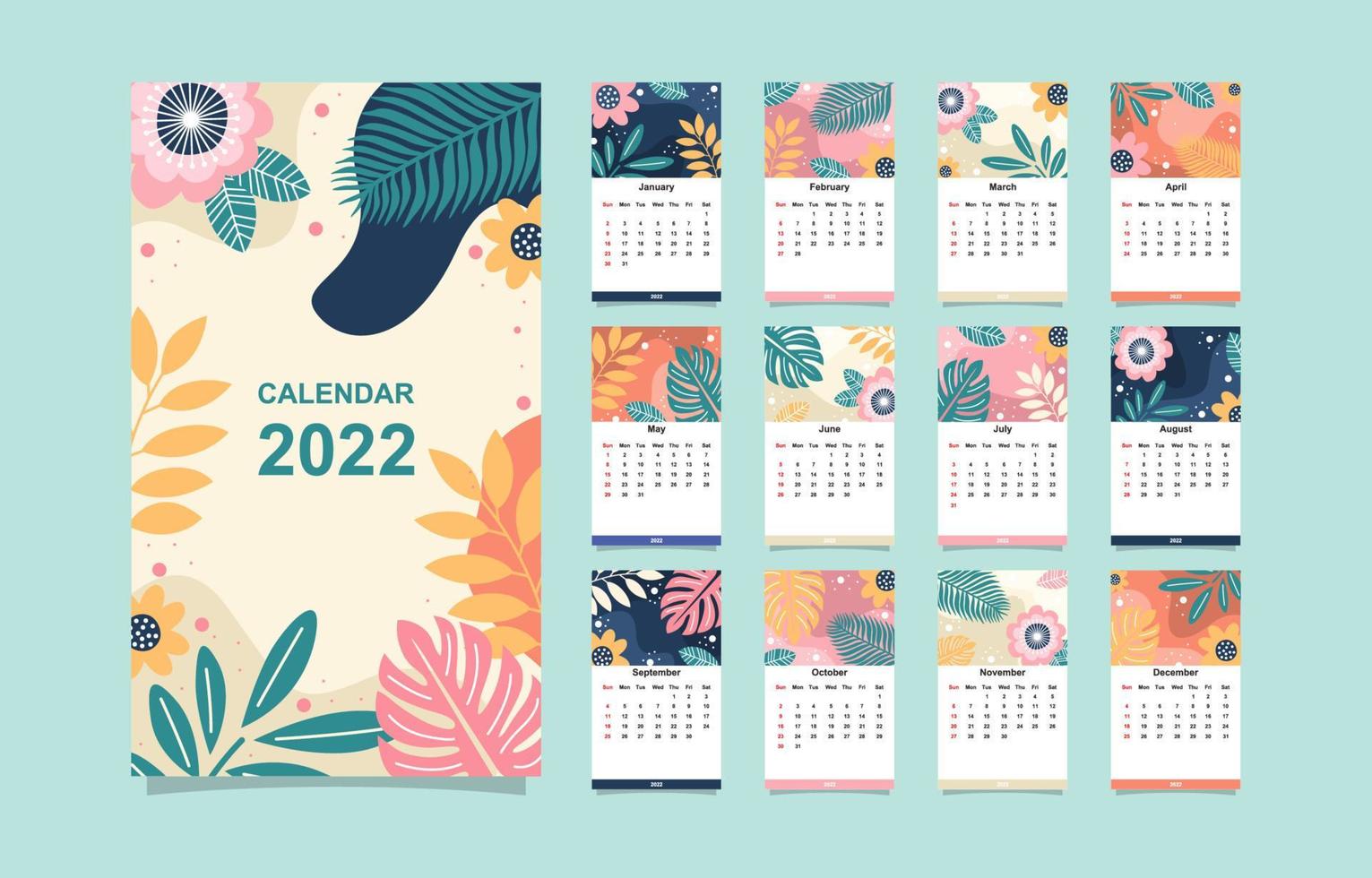 Vorlage für den Blumenkalender 2022 vektor