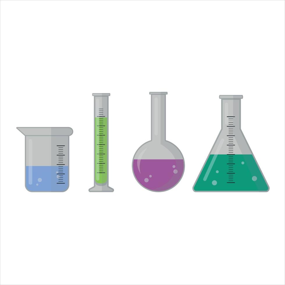 Satz von wissenschaftlichen Laborgeräten. Becher, Kolben und Reagenzgläser für wissenschaftliche Experimente. Vektor-Illustration isoliert auf weißem Hintergrund. vektor