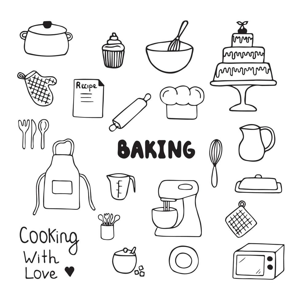bakning doodles set. handritad köksutrustning. vektor illustration på vit bakgrund.