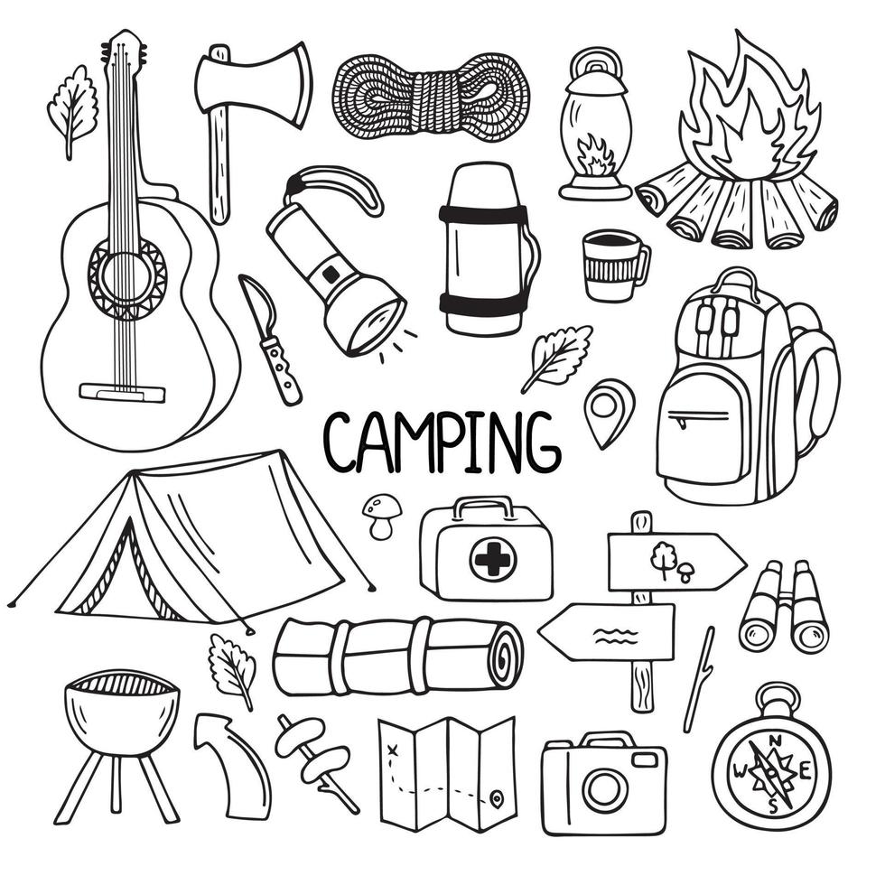 Set von Camping- und Wanderelementen im Doodle-Stil. Picknick, Reisezubehör und Ausrüstung. Hand gezeichnete Vektorillustration lokalisiert auf weißem Hintergrund. vektor