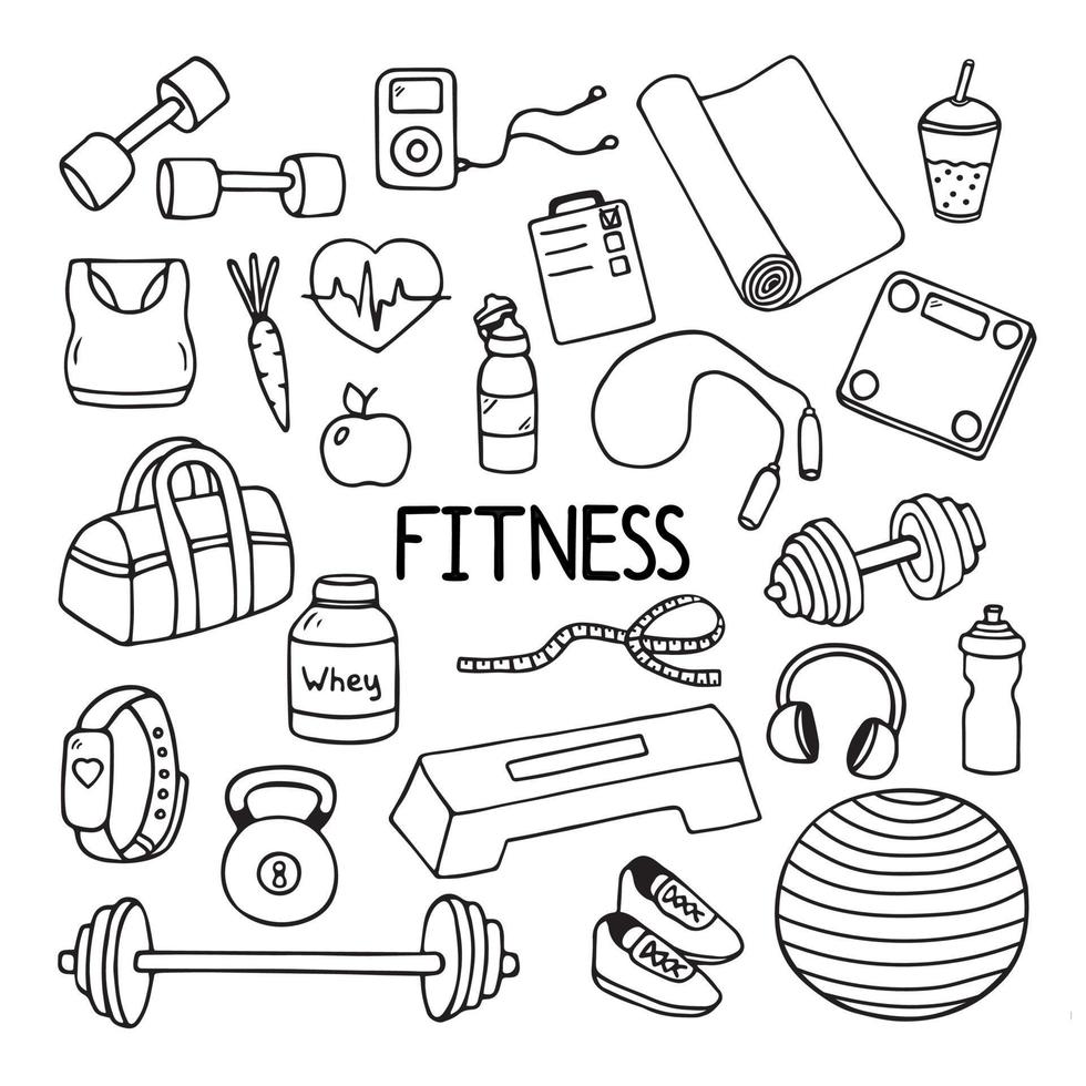 fitness doodles set. skiss av sportutrustning med våg, skivstång, boll, måttband, flaska, äpple. handritad vektorillustration isolerad på vit bakgrund. vektor