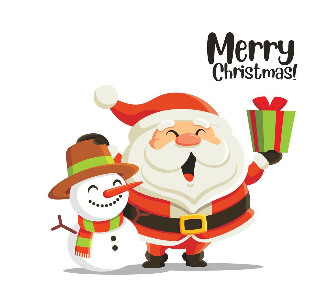 god Jul och Gott Nytt År. söt tecknad jultomte håller julklapp och hand touch på snögubbe huvud. semester gratulationskort jultomten och snögubbe. god jul bokstäver vektor