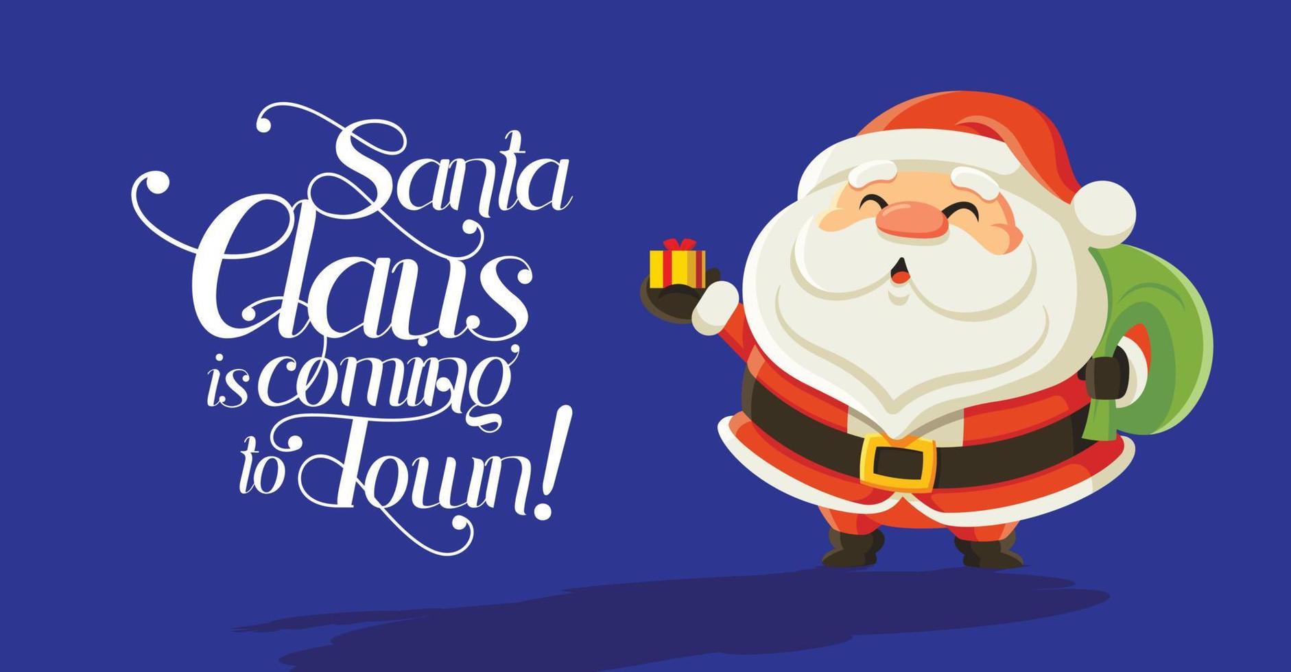 lustiger Cartoon Weihnachtsmann holidng kleines Weihnachtsgeschenk auf dunkelblauem Hintergrund mit Kalligraphie-Schriftzug. für Weihnachts- und Neujahrsgrußkarten und Social-Media-Nutzung. Frohe Weihnachtskarte vektor