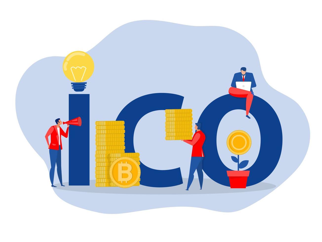 initialt mynterbjudande, ico.letters and icons, cryptocurrency mining, finans, digital penningmarknad, platt design vektorillustration på vit bakgrund. vektor