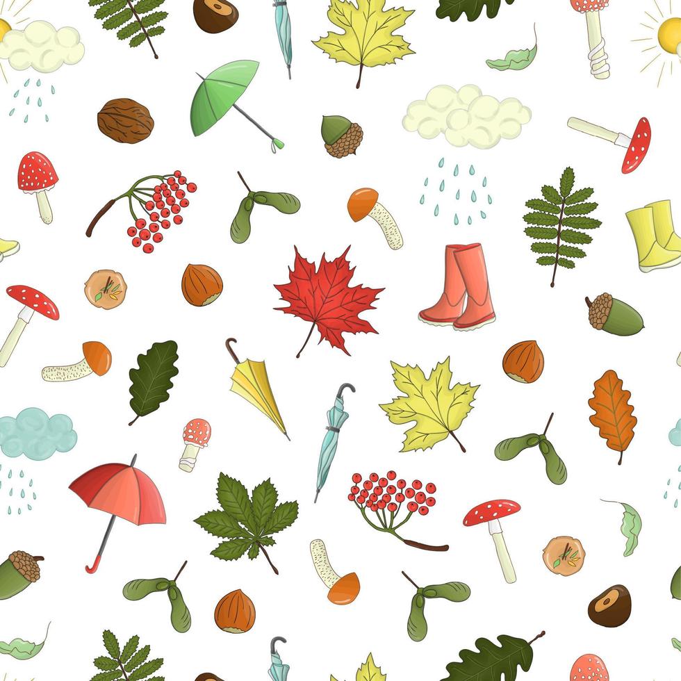 Vektor nahtlose Muster von farbigen Herbstelementen. Hintergrund mit isolierten Blättern, Regenschirm, Regen, Pilz, Gummistiefeln, Nuss, Eichel, Wolke wiederholen