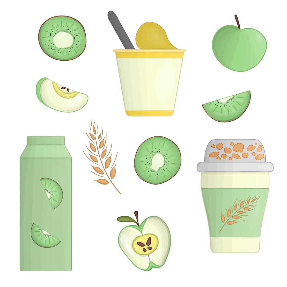 Vektor-Joghurt- und Fruchtillustration. Set aus trinkbarem und gefrorenem Joghurt. frische Bio-Tagebuchprodukte mit Kiwi, Apfel, Getreideähre. vektor