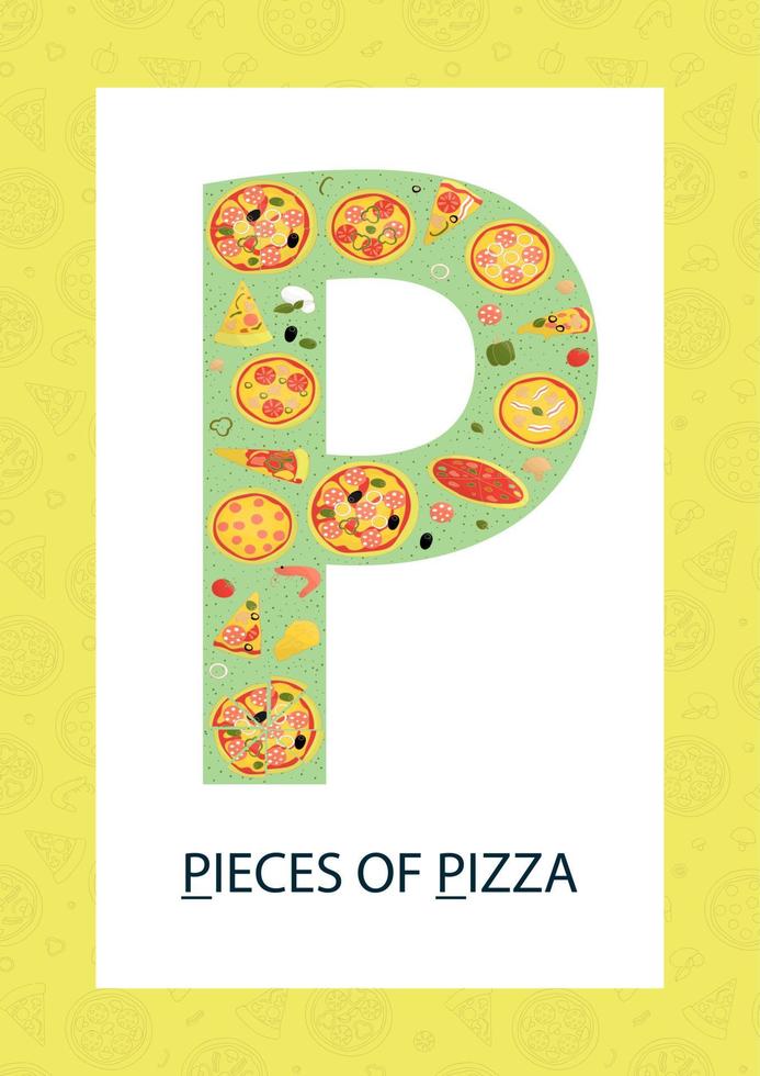 färgglada alfabetet sid. phonics flashkort. söt bokstav p för undervisning i läsning med tecknade pizzabitar. vektor