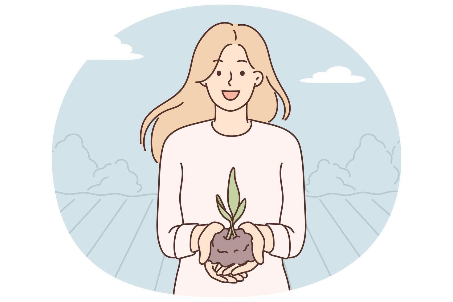Frau demonstriert Hand voll von Boden mit jung Pflanze zum Konzept von Pflege zum Natur vektor