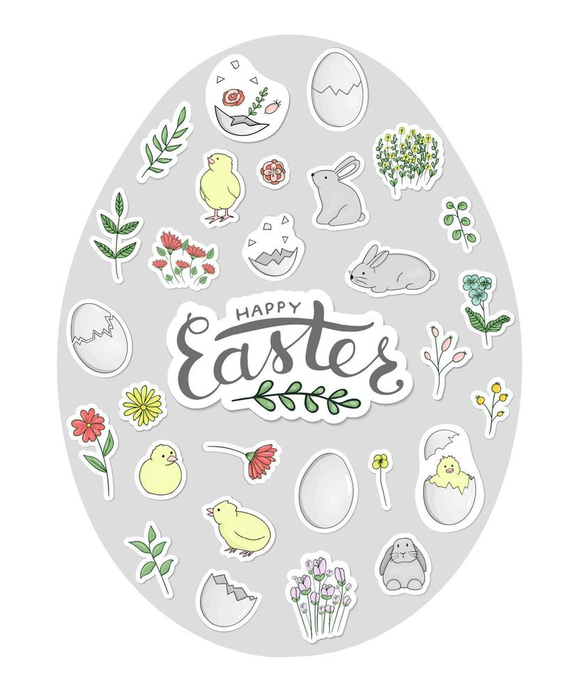 Vektor-Set von Ostern-Aufklebern in Eiform gerahmt. schlüpfende Küken, Kaninchen, Eier, Kräuter, Blumen in Pastellfarben. niedliche Cartoon-Stil-Illustration. Osterkartendesign mit Schriftzug vektor