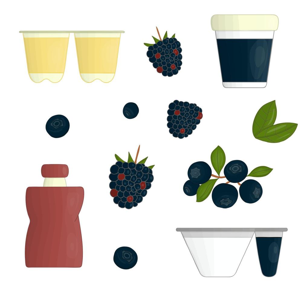 Vektor-Joghurt- und Fruchtillustration. Set aus trinkbarem und gefrorenem Joghurt mit Beeren. frische Bio-Tagebuchprodukte mit Blaubeere, Brombeere. vektor