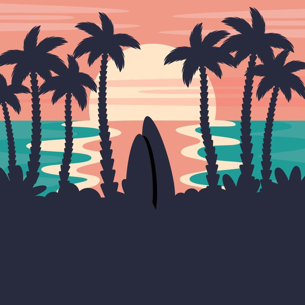 Sonnenuntergang Strand im Jahrgang Stil. Sommer- Strand Hintergrund. schön Seelandschaft mit Silhouetten von tropisch Palme Blätter, Sonnenaufgang, Surfbretter, Ozean. Karikatur eben Illustration vektor