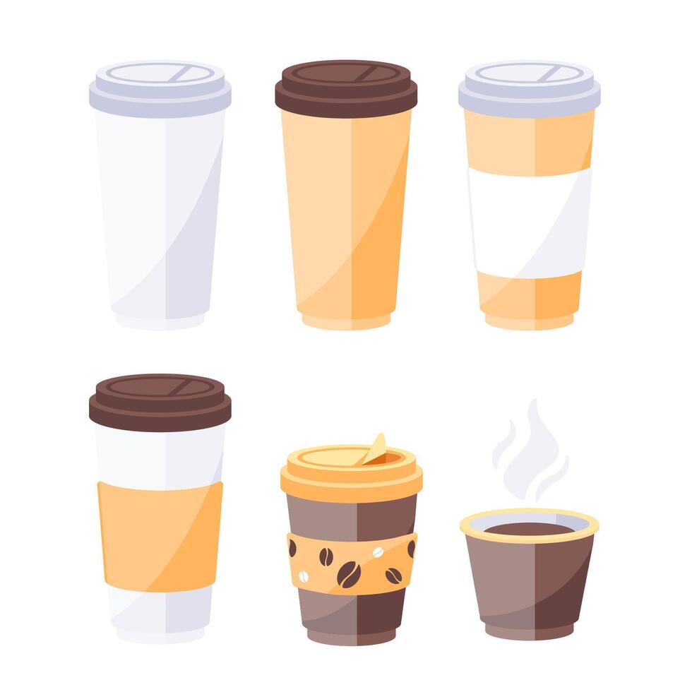 papper kaffe koppar. hämtmat cappuccino, latte och espresso. koppar falsk upp. keramisk och papper vektor