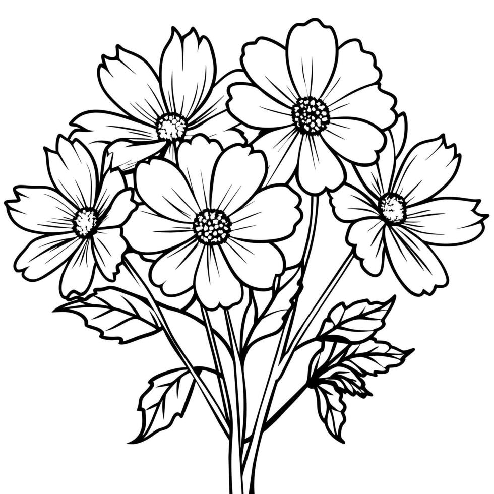 kosmos blomma bukett översikt illustration färg bok sida design, kosmos blomma bukett svart och vit linje konst teckning färg bok sidor för barn och vuxna vektor