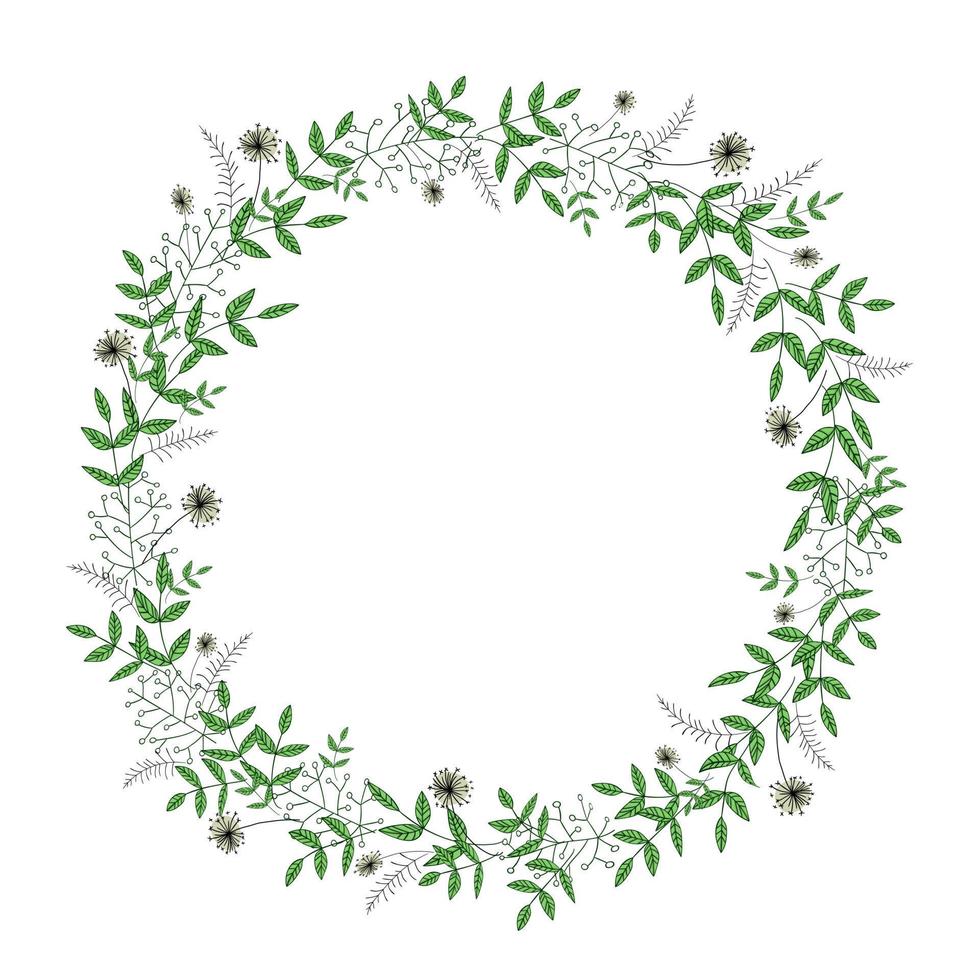 vektor krans av trädgårdsblommor och örter. handritad tecknad stilillustration. söt sommar- eller vårram för bröllop, semester eller kortdesign