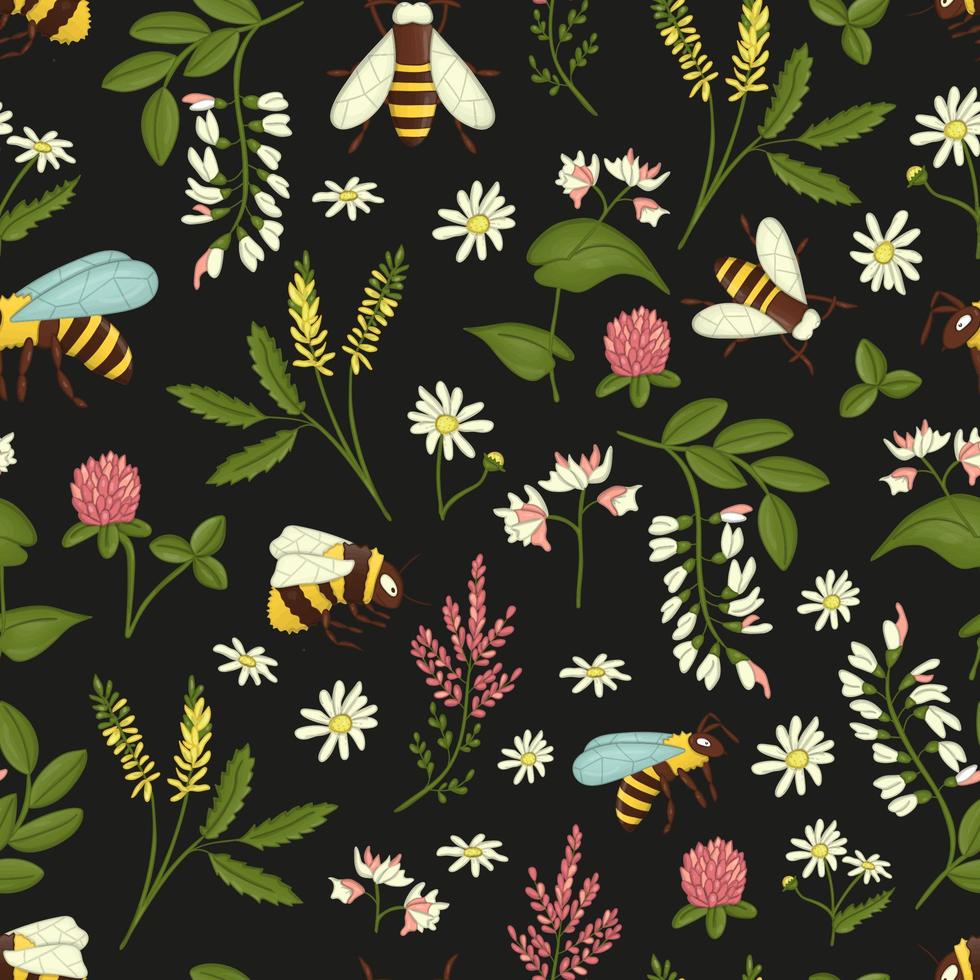 vektor sömlösa mönster av vilda blommor, bin och humlor. upprepande bakgrund med ängs- eller åkerinsekter, akacia, ljung, kamomill, bovete, klöver, melilot