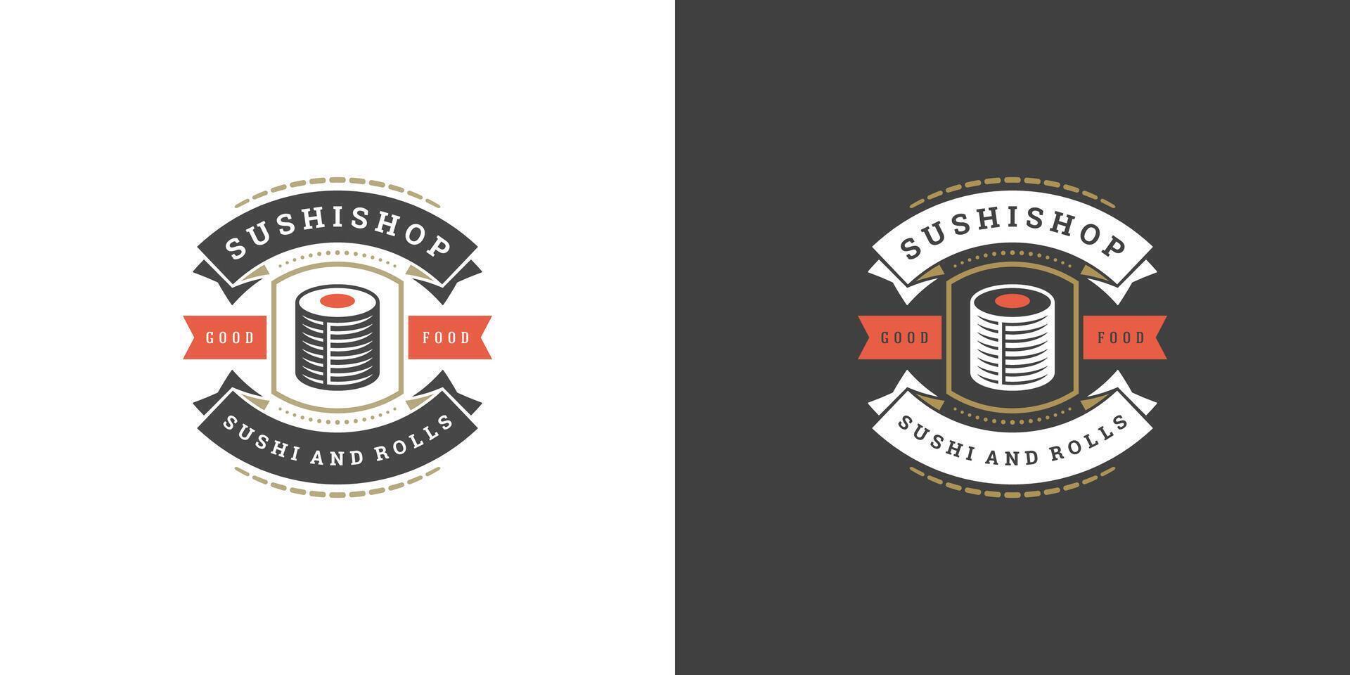 sushi logotyp och bricka japansk mat restaurang med sushi lax rulla asiatisk kök silhuett illustration vektor