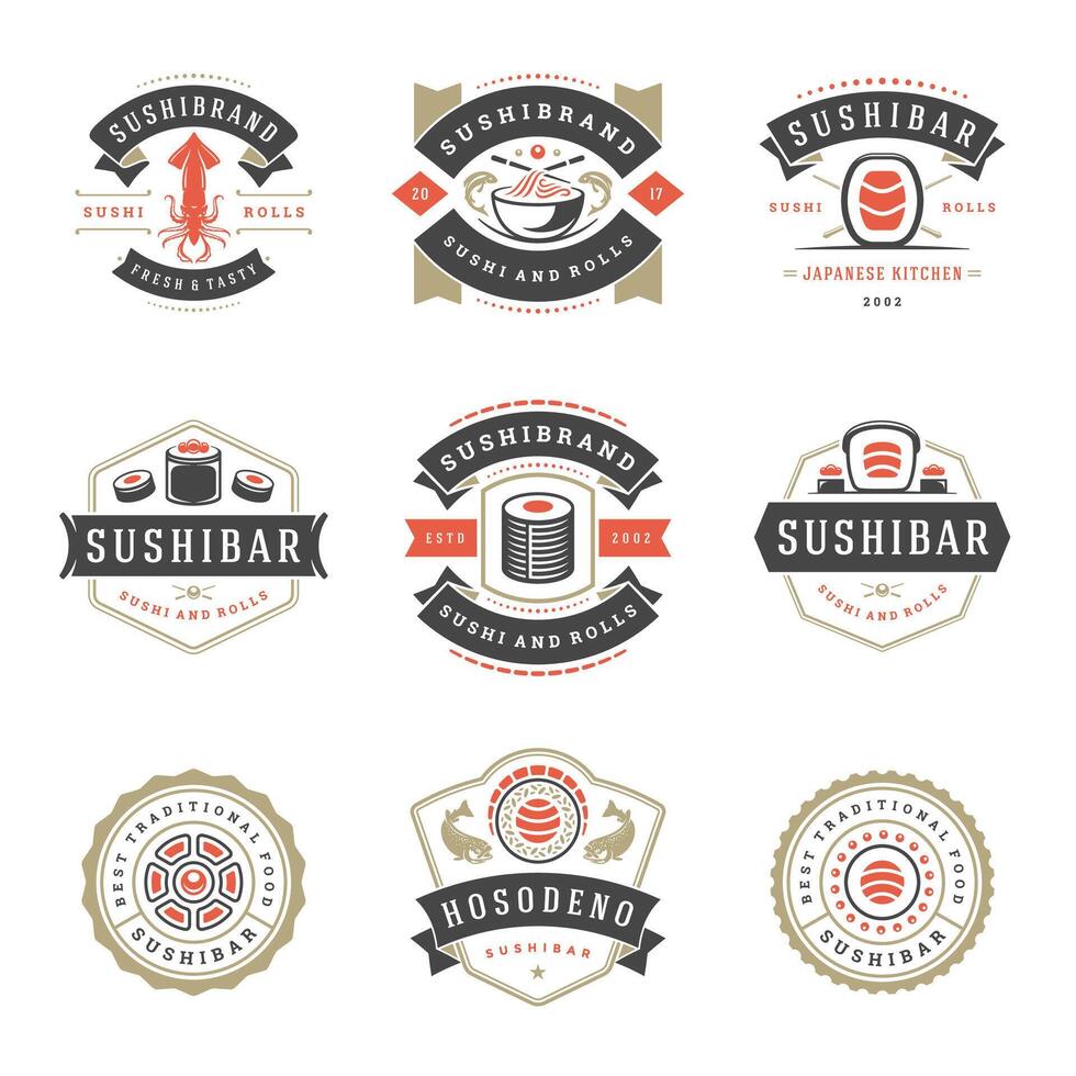 Sushi Restaurant Logos einstellen Illustration. vektor