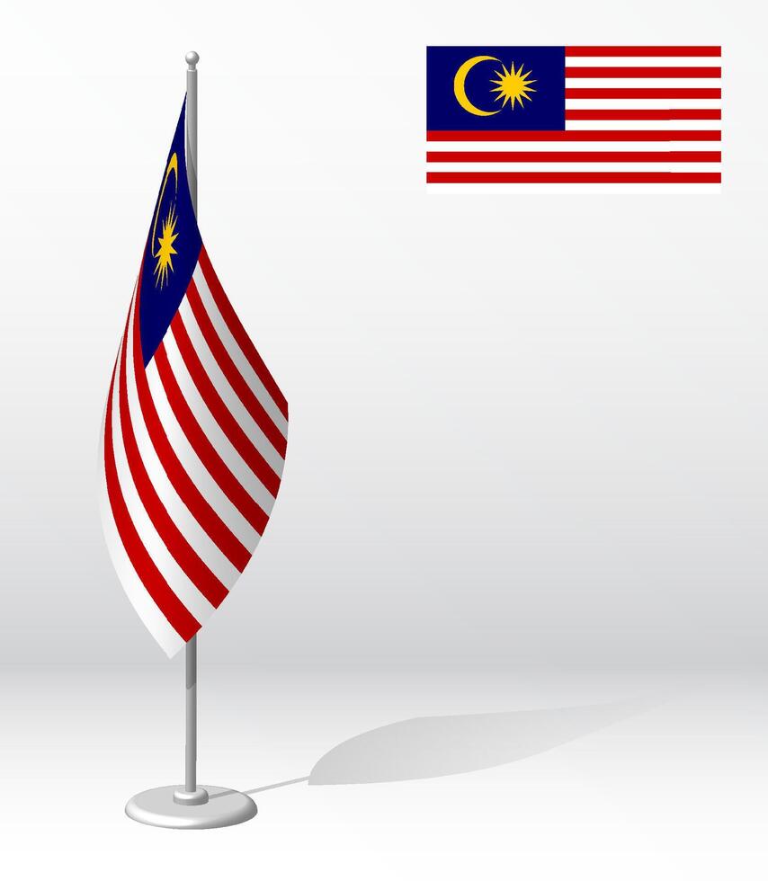 Malaysia Flagge auf Fahnenstange zum Anmeldung von feierlich Fall, Treffen fremd Gäste. National Unabhängigkeit Tag von Malaysia. realistisch 3d auf Weiß vektor