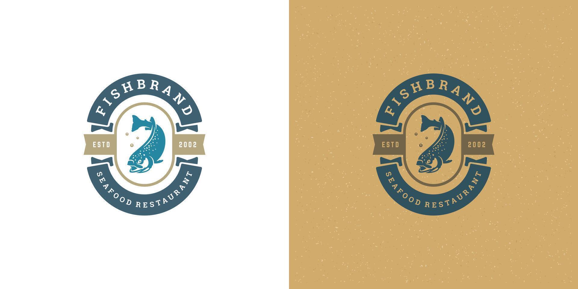 skaldjur logotyp eller tecken illustration fisk marknadsföra och restaurang emblem mall design lax fisk silhuett vektor
