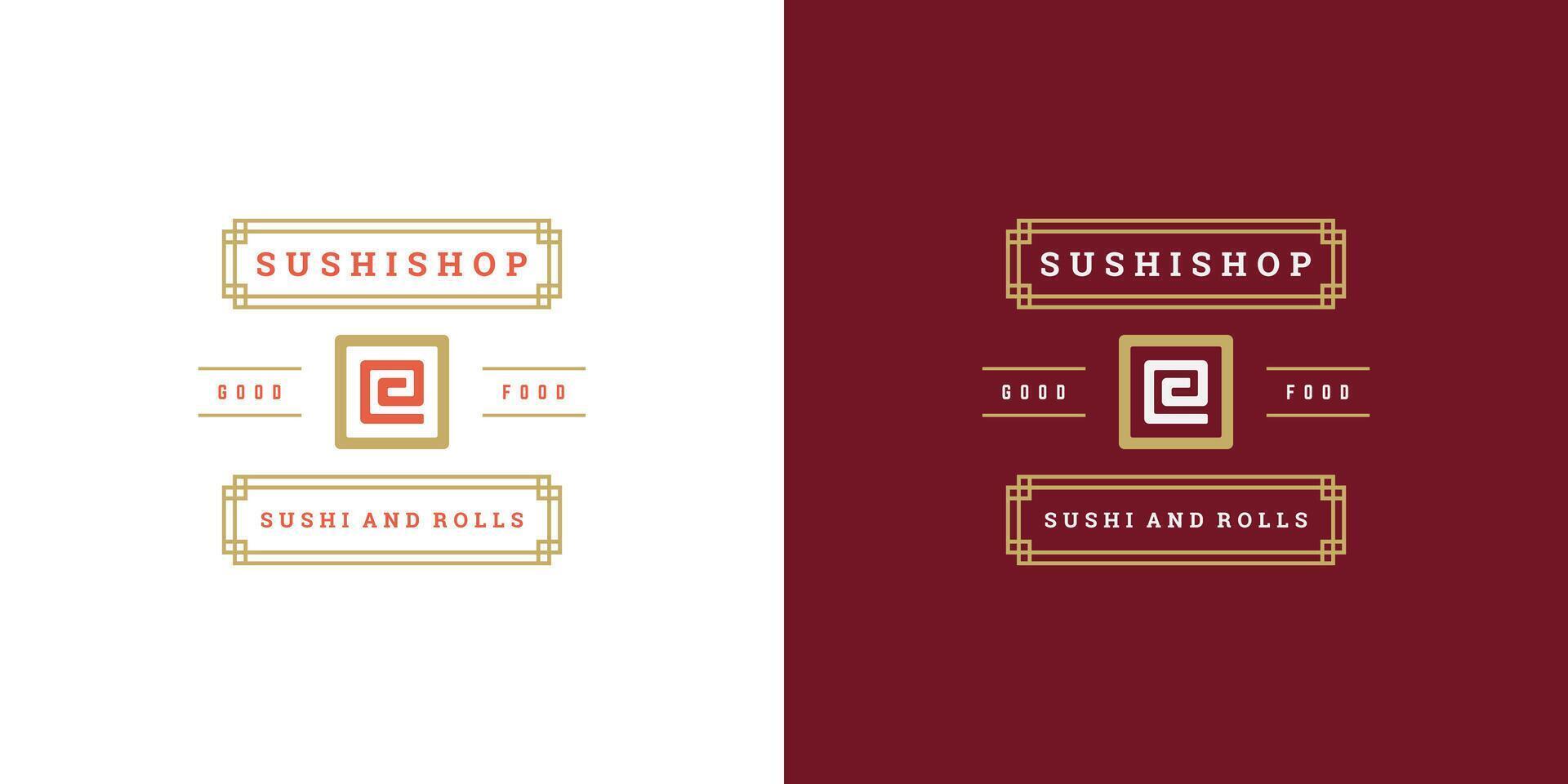 sushi logotyp och bricka japansk mat restaurang med sushi lax rulla asiatisk kök silhuett illustratio vektor