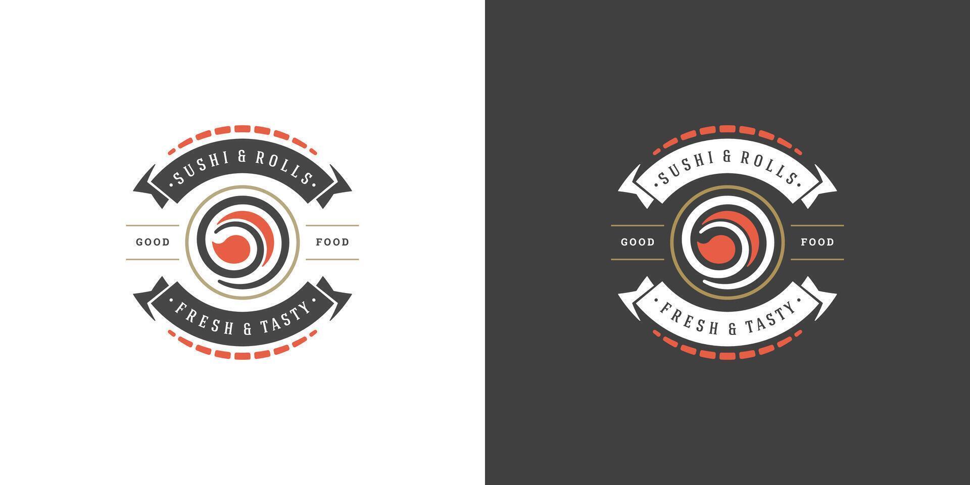 Sushi Logo und Abzeichen japanisch Essen Restaurant mit Sushi Lachs rollen asiatisch Küche Silhouette Illustration vektor