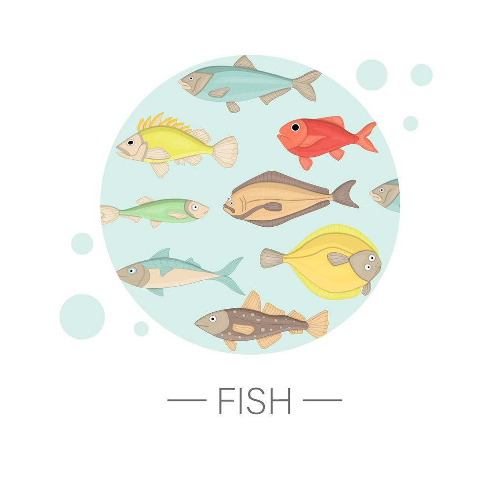 Vektor farbigen Satz von Seefischen umrahmt in blauem Kreis isoliert auf weißem Hintergrund. bunte Meereskollektion. Unterwasserillustration