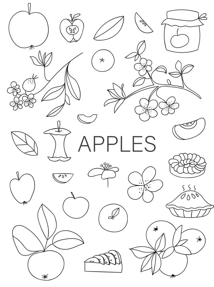 Vektor-Schwarz-Weiß-Set von süßen handgezeichneten Äpfeln, Apfelkuchen, Blumen, Marmeladenglas. monochrome Darstellung der Herbsternte. Thema hausgemachtes Essen vektor
