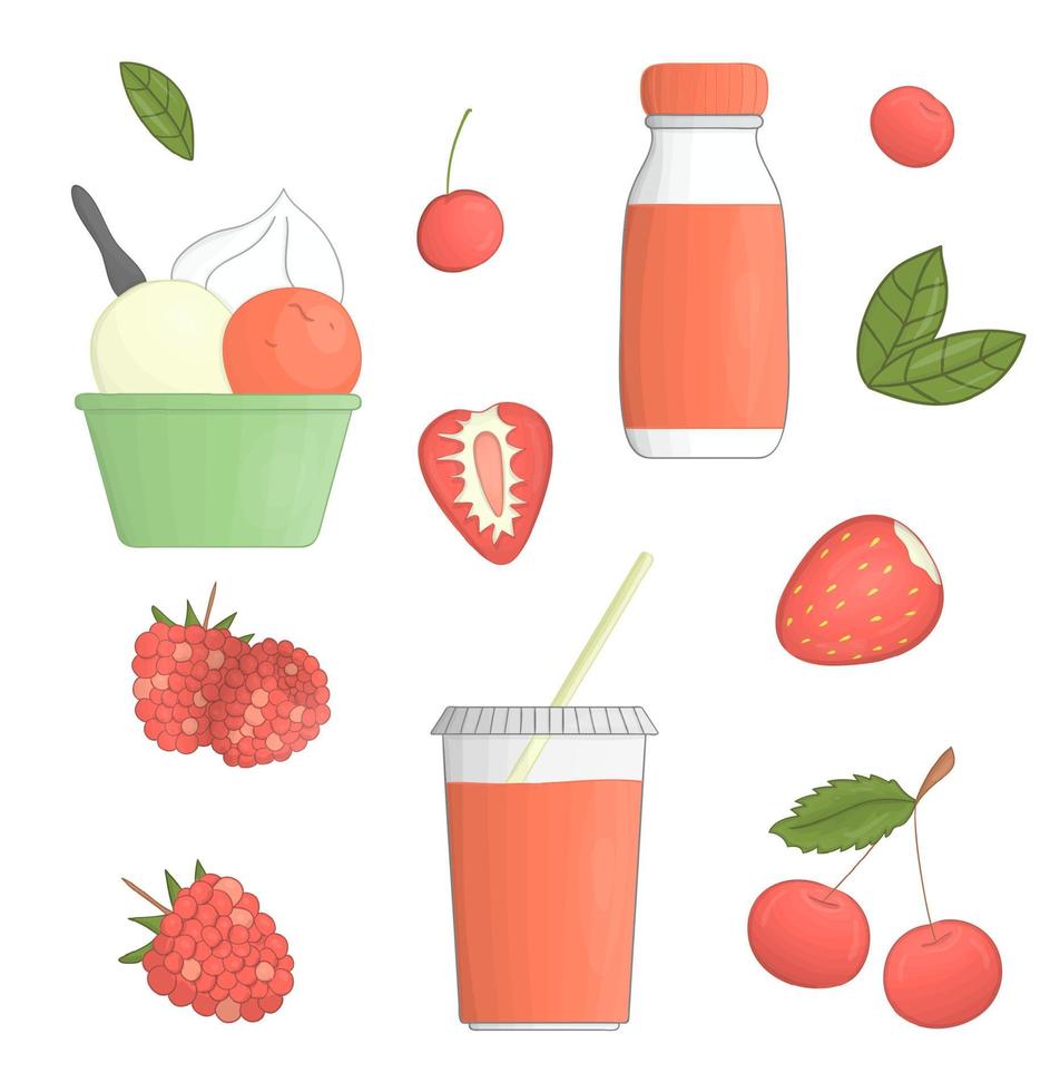 vektor yoghurt och frukt illustration. set med drickbar och fryst yoghurt med bär. färska ekologiska dagboksprodukter med körsbär, jordgubbar, hallon.